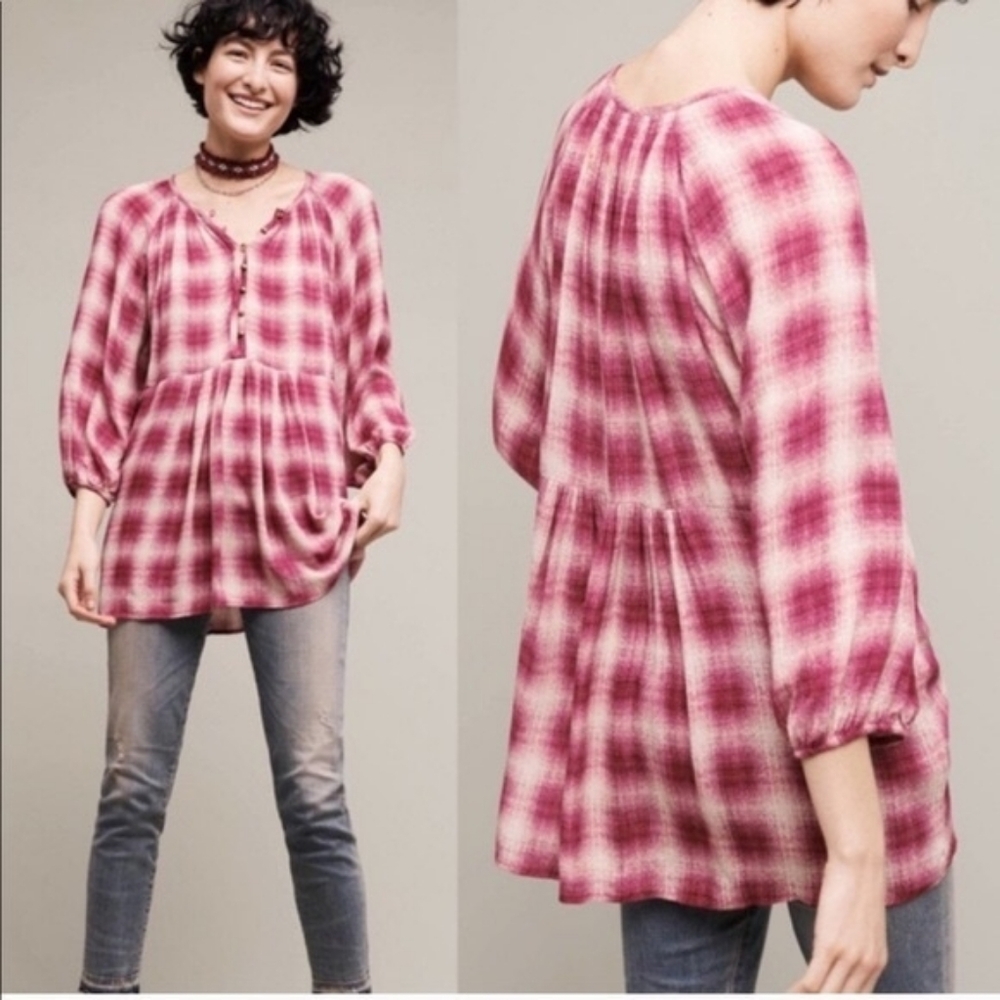 Maeve Anthropologie Calavon Plaid Peplum Tunic Top In S